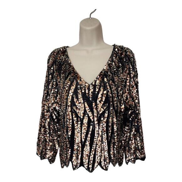 Oleg Cassini V-Neck Scalloped Black Jewel Beaded Sequin Silk Top Size Small - Picture 1 of 9